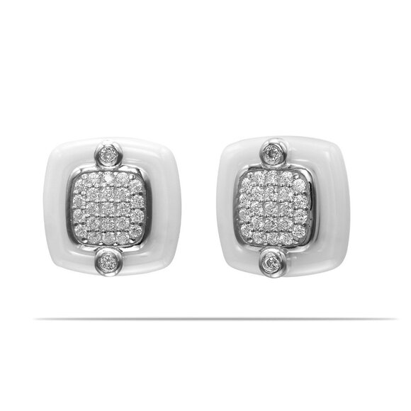 Pave Simulated Diamond Stud Earrings in 925 & Fine Ceramic - Picture 1 of 4